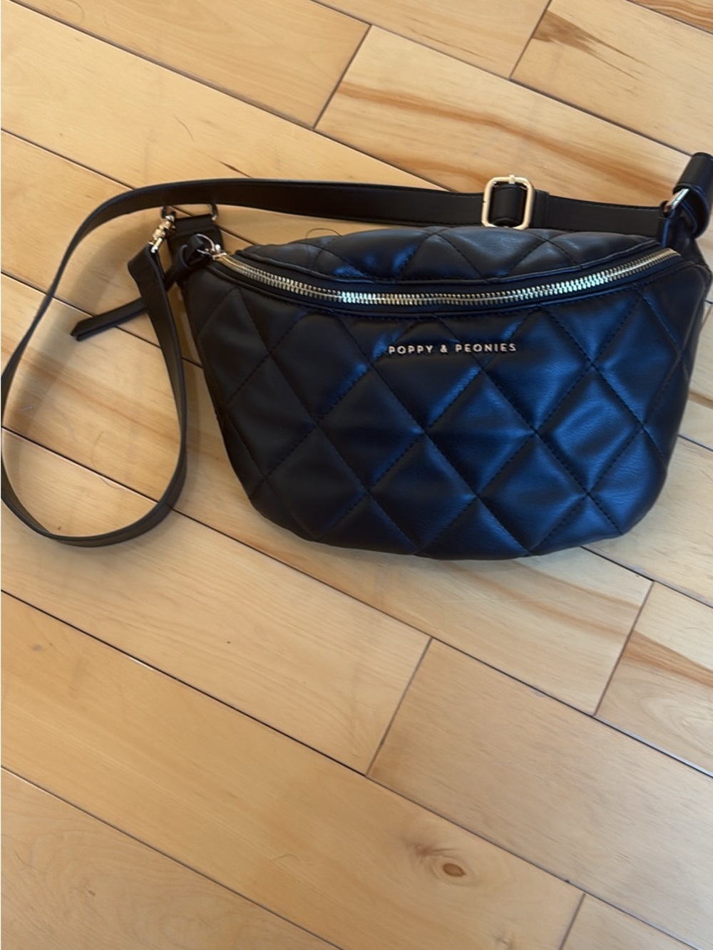 Poppy & Peonies Black Quilted Crossbody Belt Bag with Gold Hardware